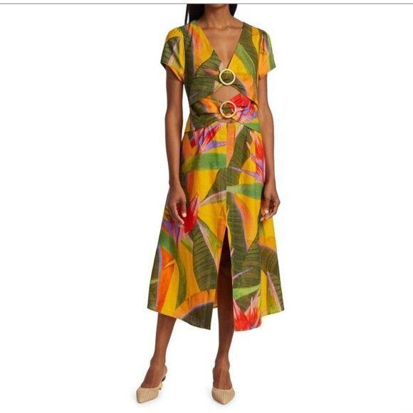 FARM Rio Dresses & Skirts - FARM Rio Midi Dress L Yellow Garden Linen Cut Out Tropical Colorful ASO TV